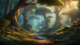 A beautiful fairytale enchanted forest with big trees and great vegetation. Digital painting background. generative, ai.