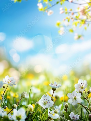 An ethereal backdrop with delicate white spring flowers in full bloom  complemented by a soft bokeh effect and sunlit glow. This dreamy scene captures the essence of spring and rejuvenation
