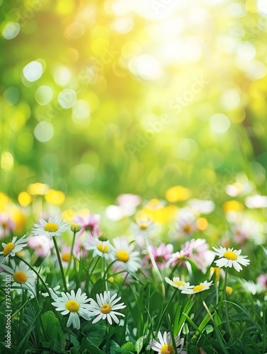 A vibrant scene of white daisies flourishing in a sun-drenched meadow. The warm sunlight creates a bokeh effect in the background  enhancing the natural beauty of the scene