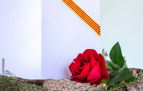 Día del libro y la Rosa. Rosa roja al lado de un libro abierto con la Bandera de Cataluña. Concepto Sant Jordi photo