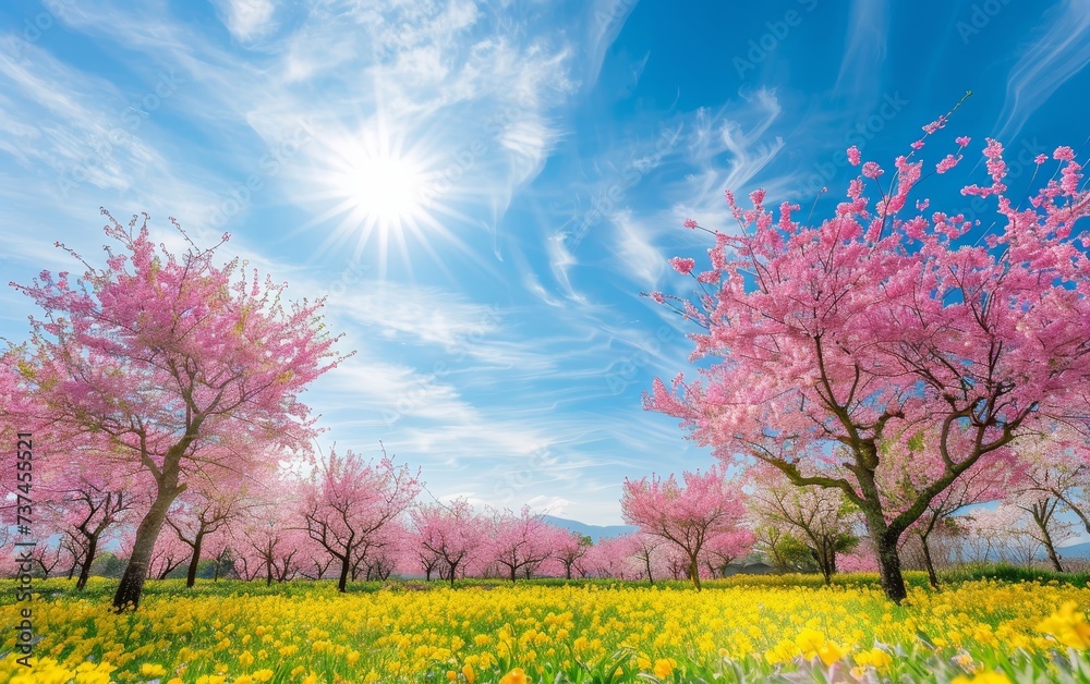 Cherry trees in full bloom stand against a vivid blue sky, with sunlight streaming through the petals. A carpet of yellow wildflowers adds a contrasting hue to the picturesque scene