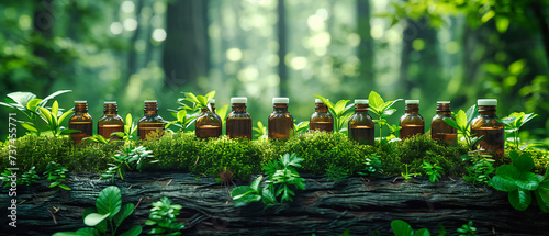 Aromatic Essential Oil Bottles Amidst Green Nature  Highlighting the Essence of Herbal Medicine and Natural Wellness Treatments