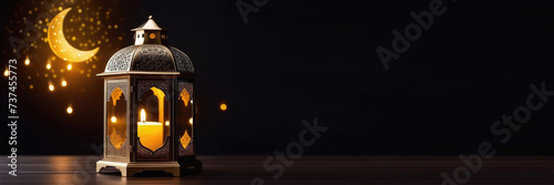 Eid al-Fitr, Laylat al-Qadr, holy month of Ramadan, Arabic lantern fanus, candles, magical atmosphere, dark background, moon moon and stars, horizontal banner, place for text