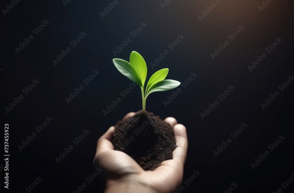 Arbor Day, a handful of earth in your hands, a green sprout in your palms, Handholding tree sapling, planting plants, a young plant grows out of the soil, dark background Arbor Day, a handful of earth in your hands, a green sprout in your palms, Handholding tree sapling, planting plants, a young plant grows out of the soil, dark background