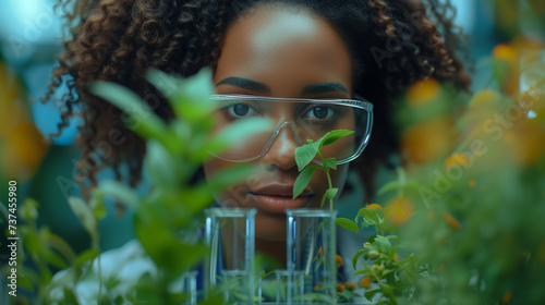 A woman wearing safety glasses examines a plant in a test tube