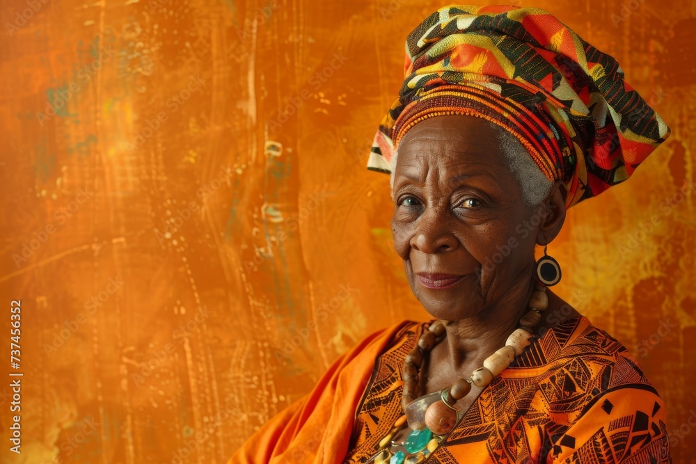 a senior Black woman in traditional African attire, her stature dignified, against a rich, orange backdrop