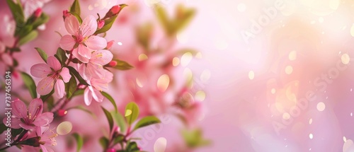 Soft pink blossoms emerge into a radiant glow, accented by light leaks and bokeh, evoking a sense of serene springtime splendor © burntime555