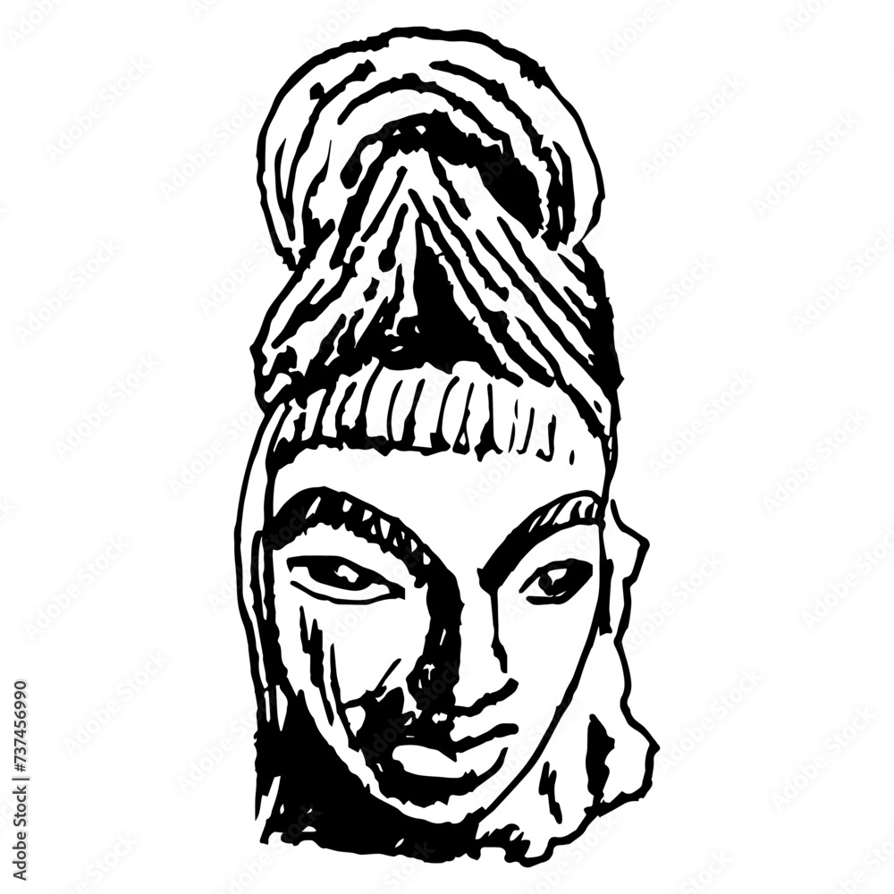 Head of Hindu god Shiva from Ahichchhatra, Uttar Pradesh, India. Ancient Indian sculpture. Male portrait with elaborate hairdo. Hand drawn rough sketch. Black and white silhouette. Head of Hindu god Shiva from Ahichchhatra, Uttar Pradesh, India. Ancient Indian sculpture. Male portrait with elaborate hairdo. Hand drawn rough sketch. Black and white silhouette.