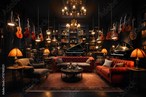 Witness the beauty of a music room's interior, adorned with carefully arranged isolated instruments that speak to the soul, inviting you into a world of auditory delight.