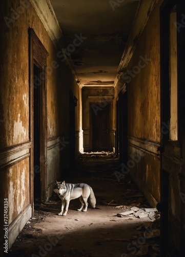 Portrait of a wolf in a dark corridor at night. ai generative