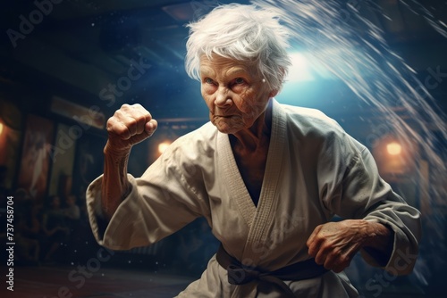 Disciplined Karateka old woman gym. Martial fight. Generate Ai