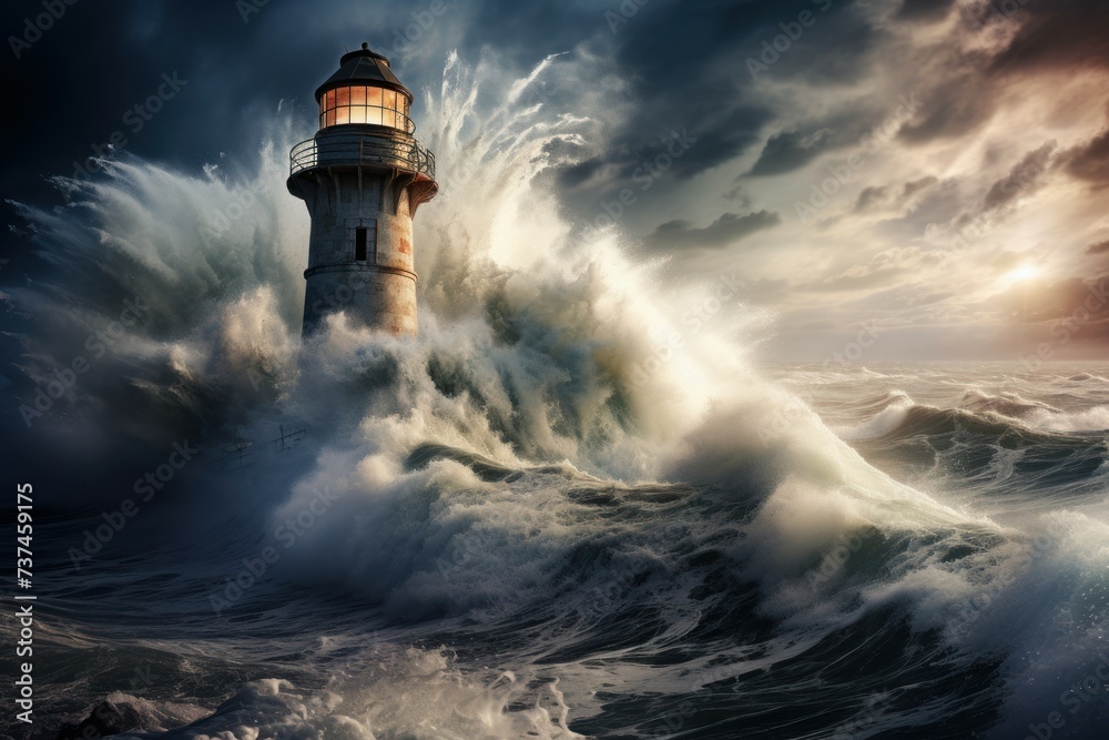Lighthouse storm winter. Ocean clouds. Generate Ai