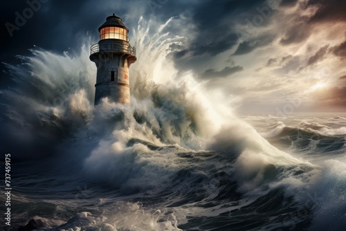 Lighthouse storm winter. Ocean clouds. Generate Ai photo