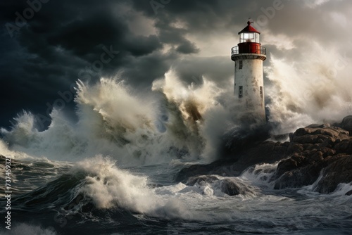Frigid Lighthouse storm winter. Ocean clouds. Generate Ai