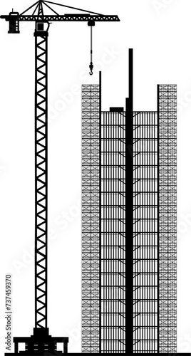 Vektor Kontur Darstellung Industrie - Bau eines Hochhaus mit Baukran und Gerüst - Lasten Transportieren