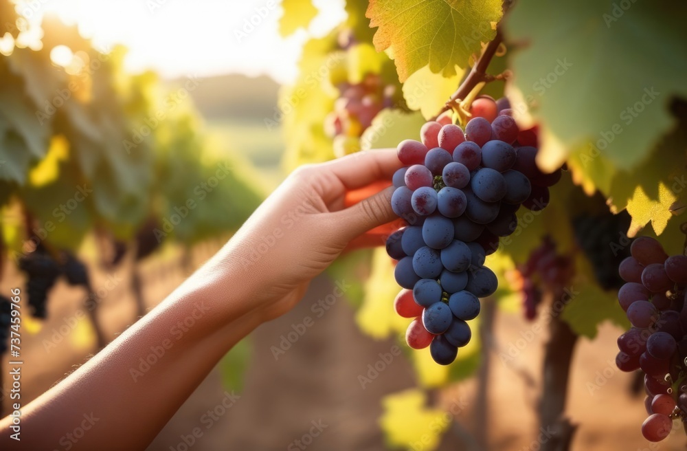 plantation workers, hand plucks a bunch of grapes, grapes hanging from a branch, grape plantation, summer vineyard, harvesting, wine production, sunny day