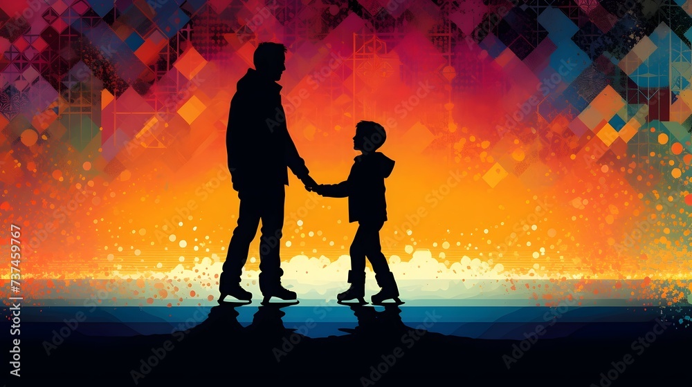 Father Son Pattern Silhouette of father and son ice skating . The background is a mix of ...