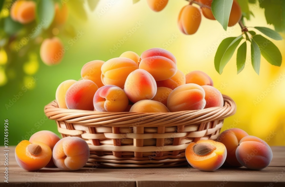 a full wicker basket with apricots on a wooden table, ripe apricots hanging on an apricot tree branch, apricot orchard, apricot plantation, organic farming a full wicker basket with apricots on a wooden table, ripe apricots hanging on an apricot tree branch, apricot orchard, apricot plantation, organic farming