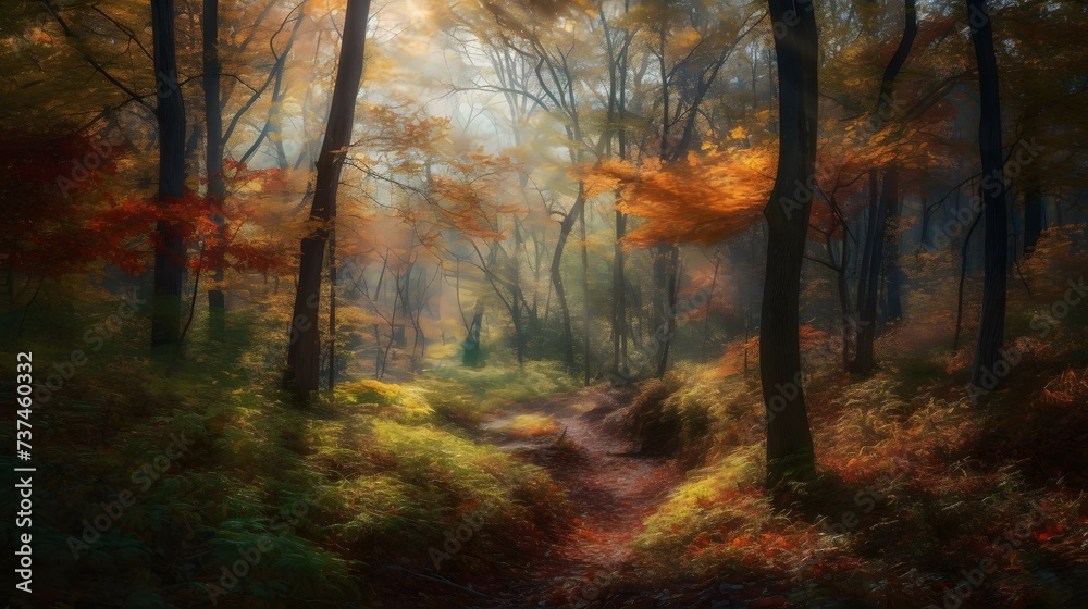 An enchanting forest with colorful trees in autumn . The background is a mix of bright colors and patterns, and there s a sense of movement in the lines and shapes. The color temperature is warm an s