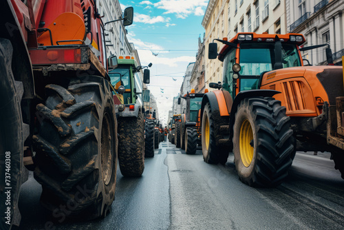 Heavy agricultural machinery in city, Tractors block traffic on street, Farmers protest, Demonstration due to economic problems © Lazy_Bear
