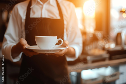 Waiter holding cup of coffee in cafe with morning light, Breakfast in restaurant, Man in apron serving coffee