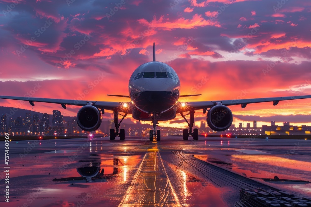 Modern cargo jet at the airport at sunset - obrazy, fototapety, plakaty 