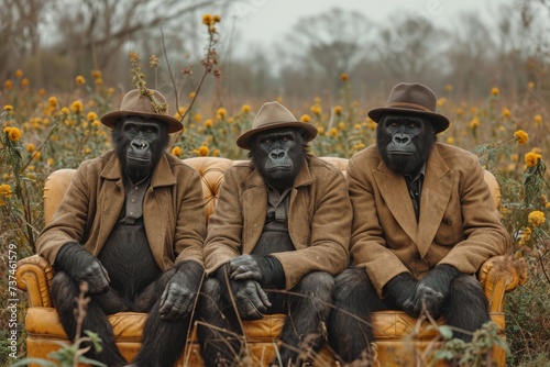 Gorillas in clothes are sitting on a couch outside photo