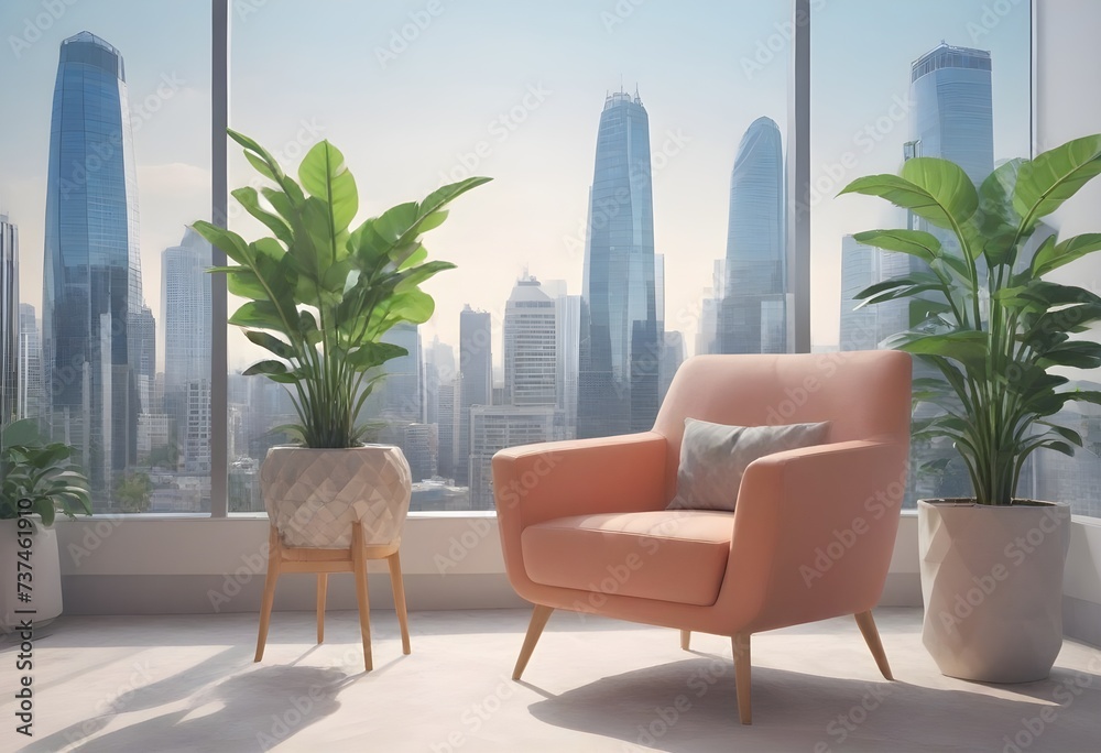 Fototapeta premium A pink armchair with a cushion next to a woven basket with a large green plant, in a room with a large window overlooking a city skyline with skyscrapers