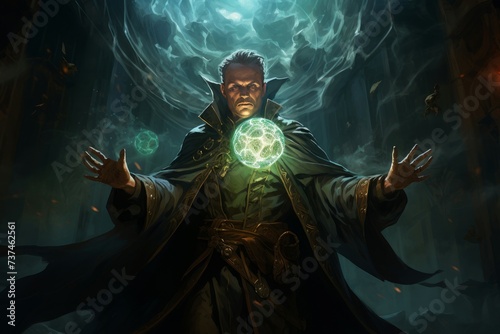Cloaked Mage adult man fantasy dungeon. Wizard power. Generate Ai