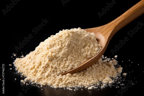 Active dry yeast granules pile with wooden spoon isolation, black background