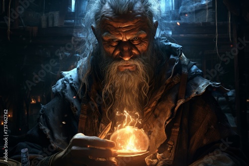 Enigmatic Mage old man fantasy dungeon. Man power. Generate Ai photo