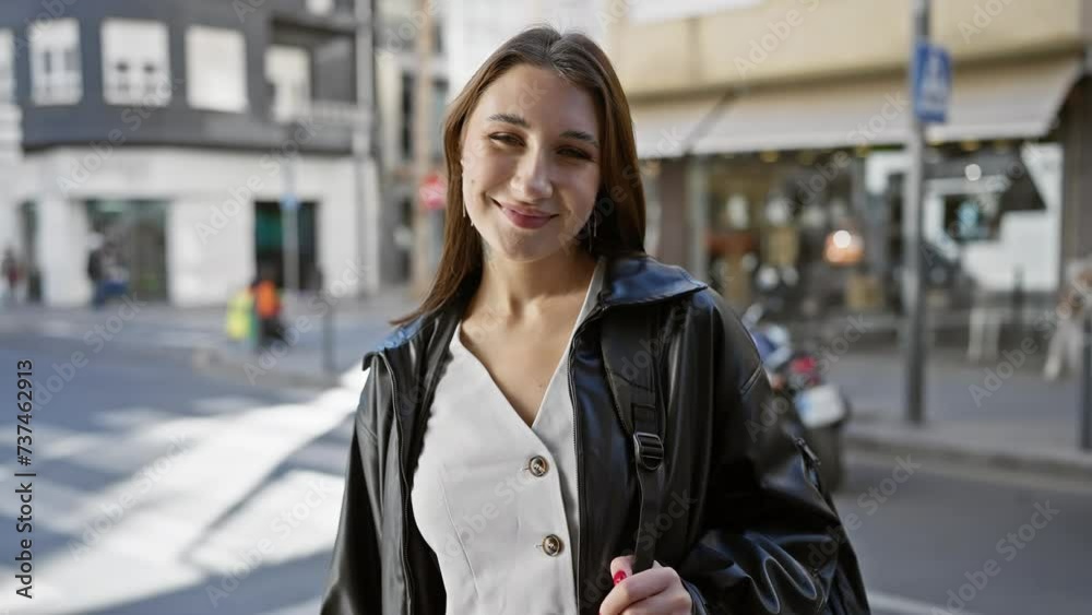 Brunette woman smiles in city street, showcasing youth and urban lifestyle. Brunette woman smiles in city street, showcasing youth and urban lifestyle.