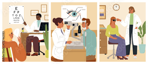 Ophthalmologist profession vector scene with doctor and patient