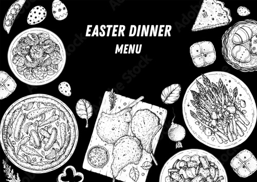 Easter food hand drawn sketch. Vector illustration. Festive table with Easter food. Engraved illustration. Menu set.