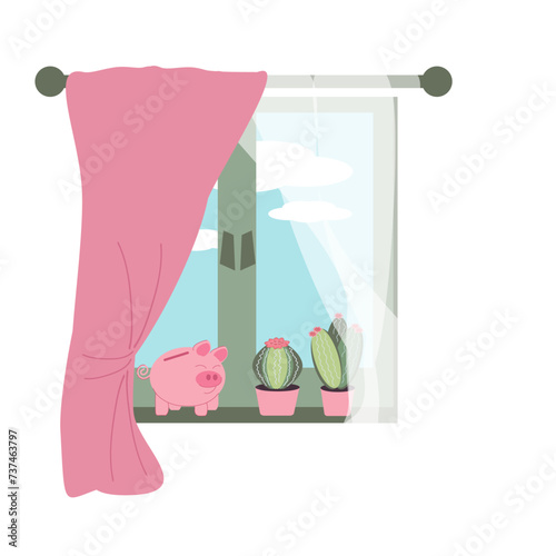 Window with curtains, blooming succulents in pots and a piggy bank on the windowsill, from the window a view of the blue sky with clouds. Home comfort, interior, savings, money, vector 