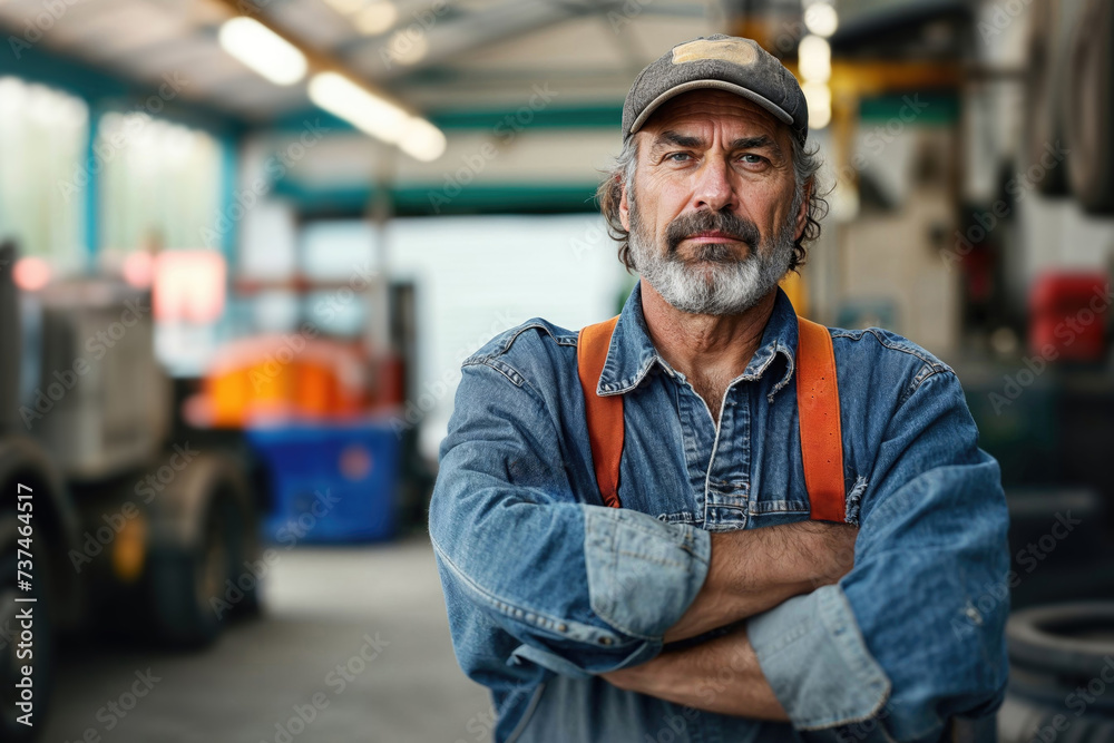 Confident Senior Mechanic in Workshop Setting Generative AI image Confident Senior Mechanic in Workshop Setting Generative AI image
