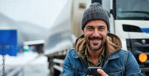 Smiling truck driver using smartphone by his vehicle Generative AI image photo