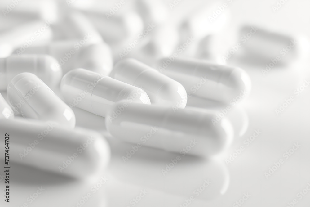 Scattered white capsules on a clean surface Generative AI image Scattered white capsules on a clean surface Generative AI image