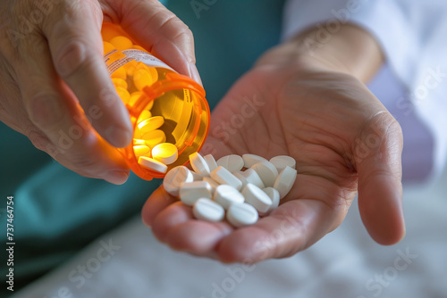 Person pouring pills from a prescription bottle Generative AI image