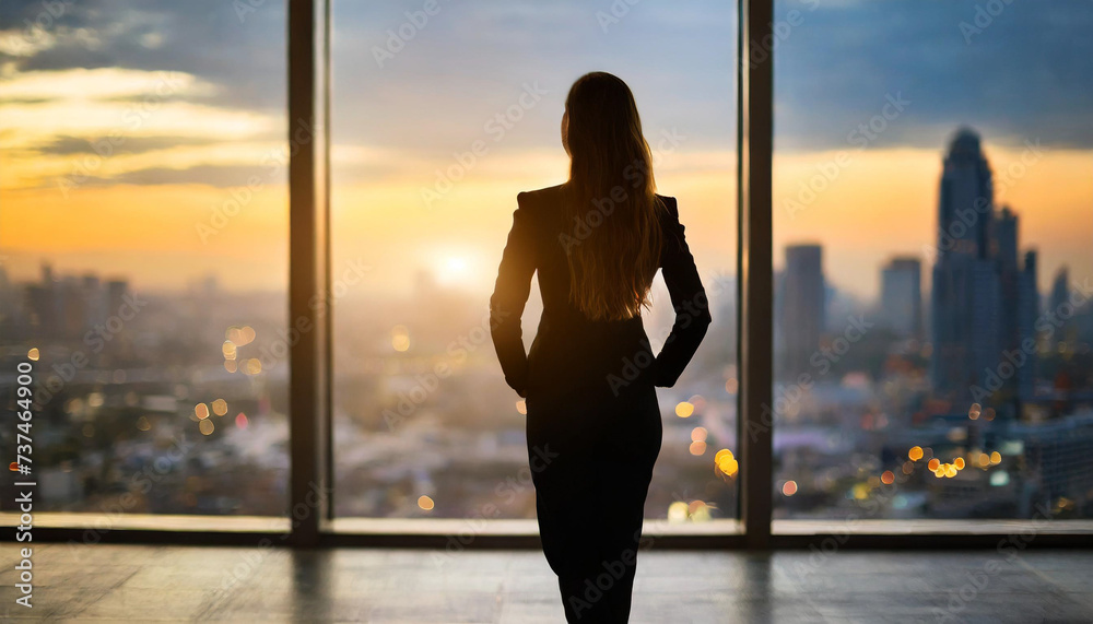 Silhouette of caucasian woman, long hair, skinny, in business attire, seen from behind, gazing through window Silhouette of caucasian woman, long hair, skinny, in business attire, seen from behind, gazing through window