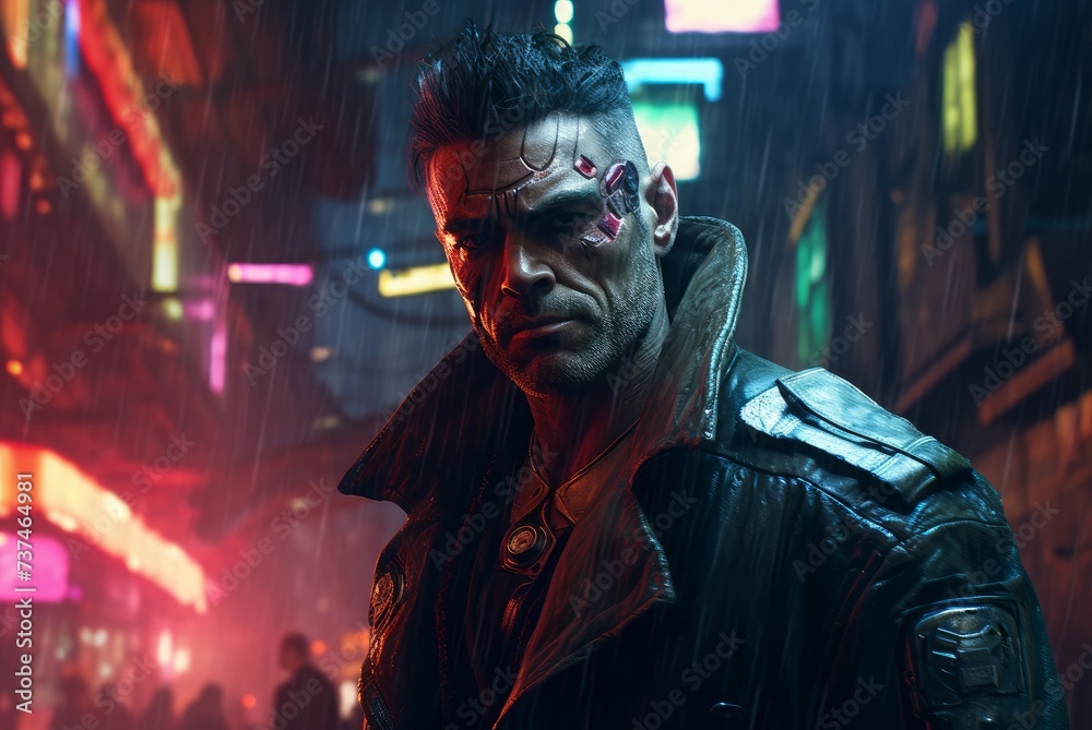 Rebellious Man cyberpunk style. Handsome serious male face with neon illumination. Generate ai