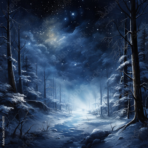 Illustration of a forest covered in snow at night and with a starry sky. Image made by artificial intelligence.