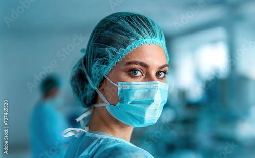 Woman Wearing Surgical Mask in Hospital Generative AI photo