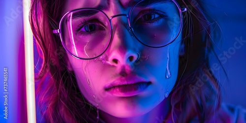 Emotional girl with glasses shedding tears under neon lights closeup shot. Concept Neon Light Emotions, Closeup Tears, Emotional Portraits, Girl with Glasses, Neon Light Photography
