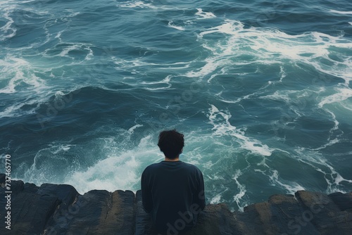 Peaceful Man sitting ocean meditate. Person relax. Generate Ai