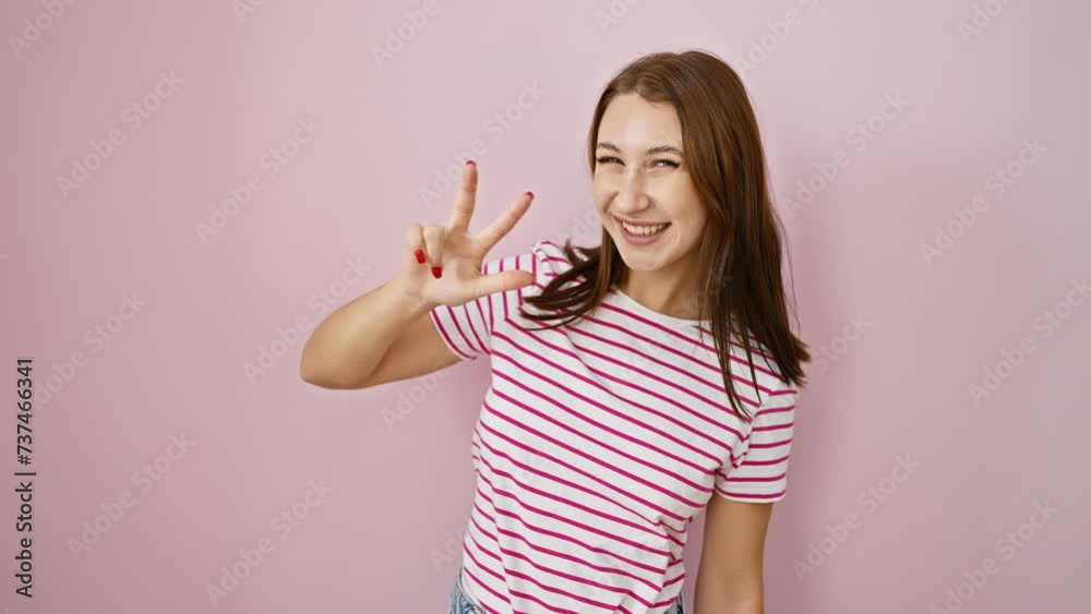 Cheerful young brunette girl in stripes tshirt flashes a v sign with fingers, winking and smiling victoriously, beaming with joy over isolated pink background Cheerful young brunette girl in stripes tshirt flashes a v sign with fingers, winking and smiling victoriously, beaming with joy over isolated pink background