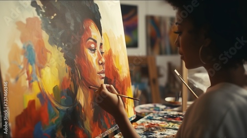 Young African American lady painter with curly hair next to her artwork in an art studio. Concept of artistic talent, fine arts, creative process, oil painting, and cultural diversity.