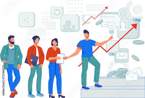Business team led by leader to success. Concept of career or corporate leadership, teamwork and teambuilding. Business anti crisis management, analytics and consult agency, flat illustration.