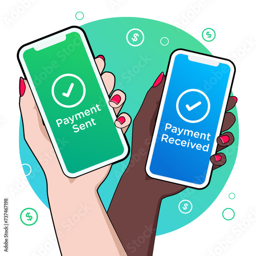 Two smartphones held by women and showing sending and receiving payments confirmation. Through a digital wallet application on a mobile phone. Bank transfer concept. Digital money.