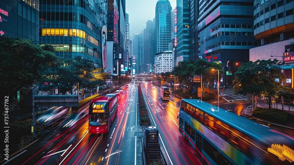 A vivid nighttime cityscape, with streaks of vehicle lights weaving through the urban architecture, embodying the city's constant motion and energy.
